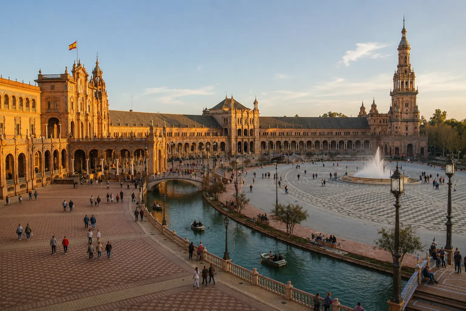 Panorama de turismo en España con mar, ciudad histórica y montañas al atardecer